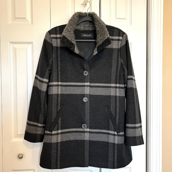 MALLIA Wool/Cashmere Pea Coat Grey Large Plaid Funnel Neck Size14 MadeInCanada - Picture 7 of 15